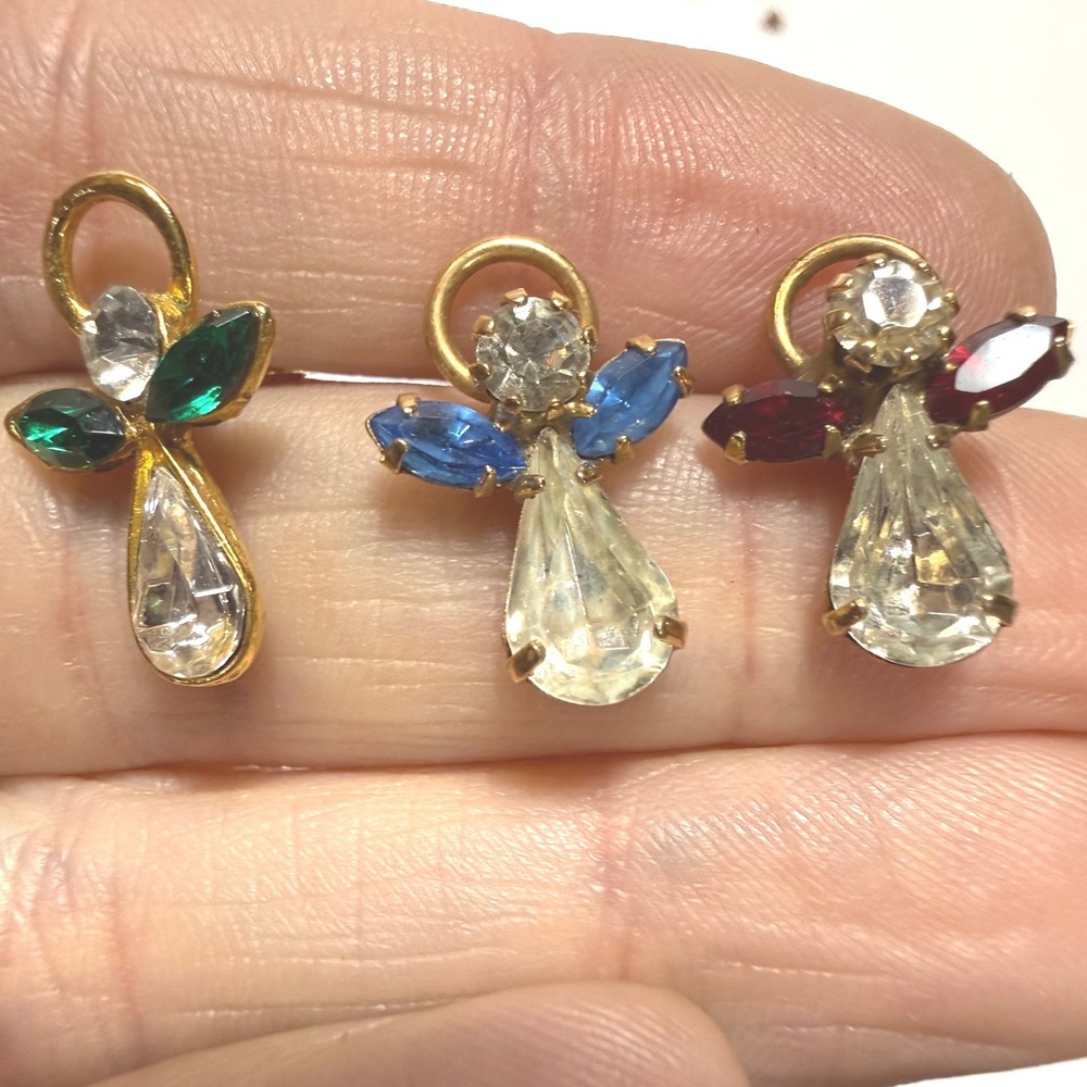 Vintage Angel Lapel Pin Set 3 Gold Tone Rhinestone Red Blue Green Christmas Pins